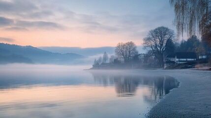 Fototapeta premium Serene Dawn Fog Rolling Over Calm Beach Landscape at Daybreak