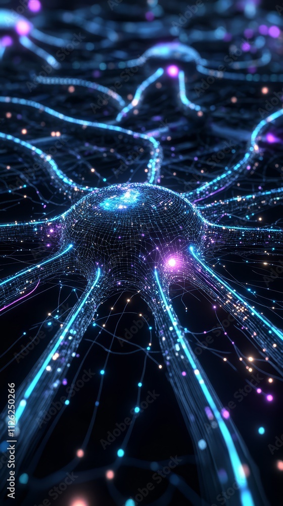 Poster digital neurons: a mesmerizing close-up showcases an intricate network of digital neurons.