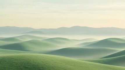 Obraz premium Serene Morning Mist Over Rolling Hills at Sunrise in Soft Light