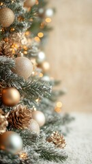 Glowing hristmas string lights garland and balls creating a festive cozy atmosphere on dark beige Mocha Mousse background. Vectical format