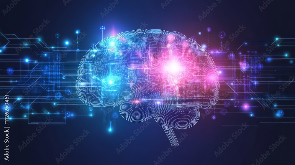 Poster brain's digital spark: an electrifying display of a human brain, illuminated with neon lights and in