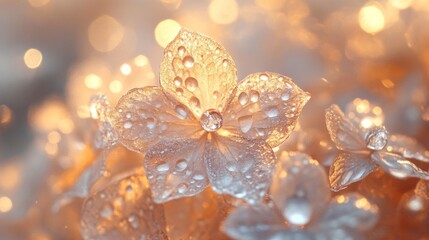 Dewdrops Adorn Golden Hydrangea Petals Glowing
