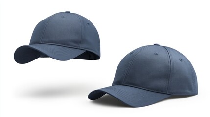 A professional blue cap mockup with the front view upright and the back view lying flat on a seamless white background