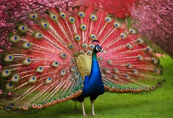 Obraz premium Realistic red and blue color beautiful peacock on the field