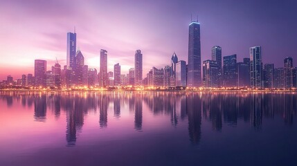 Fototapeta premium Futuristic City Skyline at Dusk with Glowing Lights and Reflection