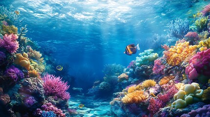 Naklejka premium Vibrant underwater scene showcasing colorful coral reefs and diverse marine life.