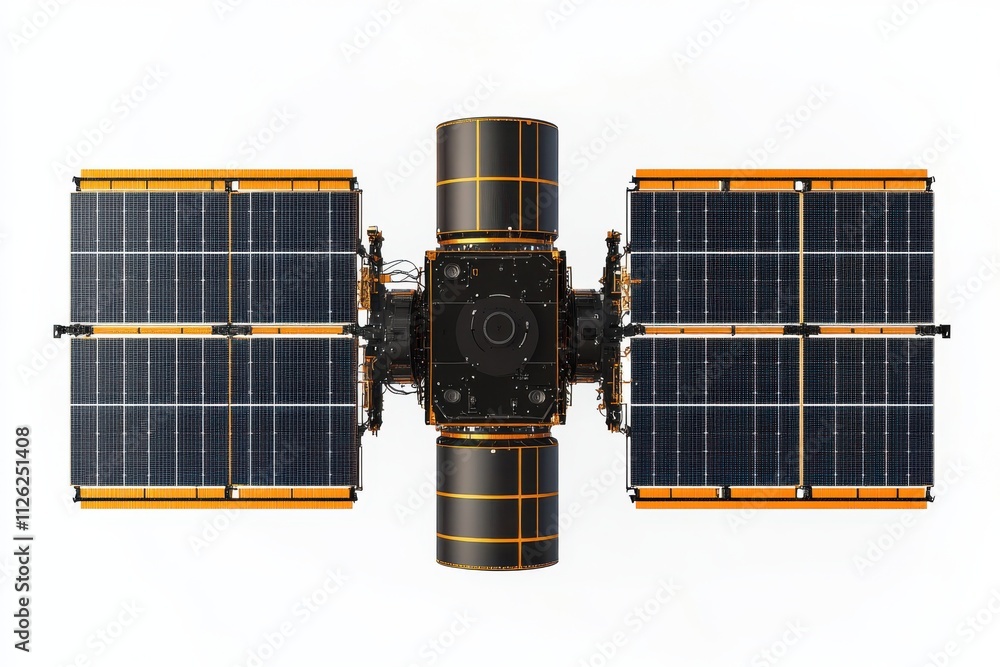 Poster a space satellite with large rectangular solar panels and a central cylindrical module