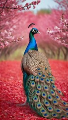 Obraz premium Realistic red and blue color beautiful peacock on the field