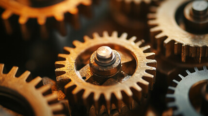 Close-Up View of Intricate Metallic Gears with Warm Lighting Highlighting Texture and Details for Mechanical and Engineering Themes
