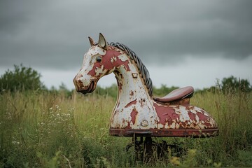 A vintage spring rider shaped like a horse in a grassy field under a cloudy sky.