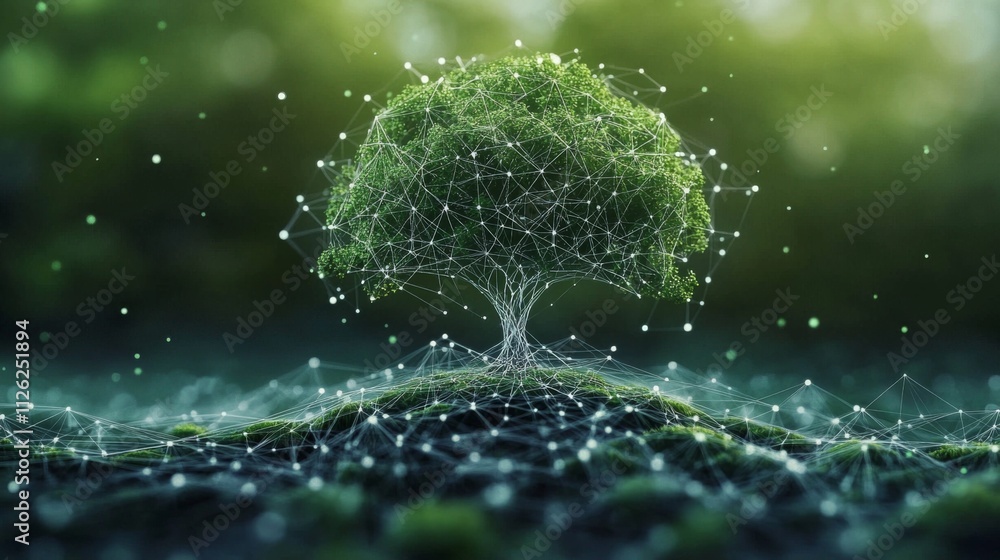 Poster enchanting digital artwork showcasing a mesmerizing tree surrounded by intricate network of lines an