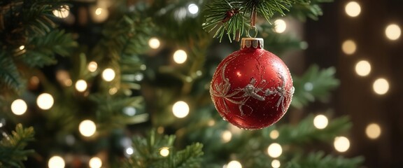 Obraz premium Close-up of a sparkling ornament on a Christmas tree branch with blurred shiny lights in the background, Festive Decorations, Sparkly Effects, Blurred Effects