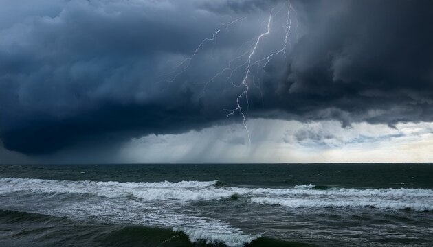 不安定な空と荒れた海が描く嵐前のドラマ、雷光が遠くで輝く壮大な風景
