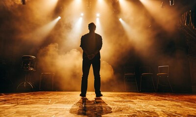 Lone male performer stands tall on fog-covered stage under warm spotlights