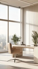 Fototapeta premium Modern Minimalist Home Office: A tranquil and stylish home office boasts a large window offering panoramic city views, a minimalist desk with a beige chair and subtle greenery.