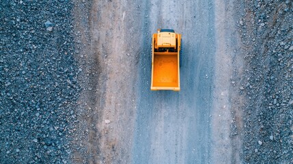 Aerial view of a yellow dump truck on a gravel road, showcasing construction activity and heavy machinery in a rugged terrain.