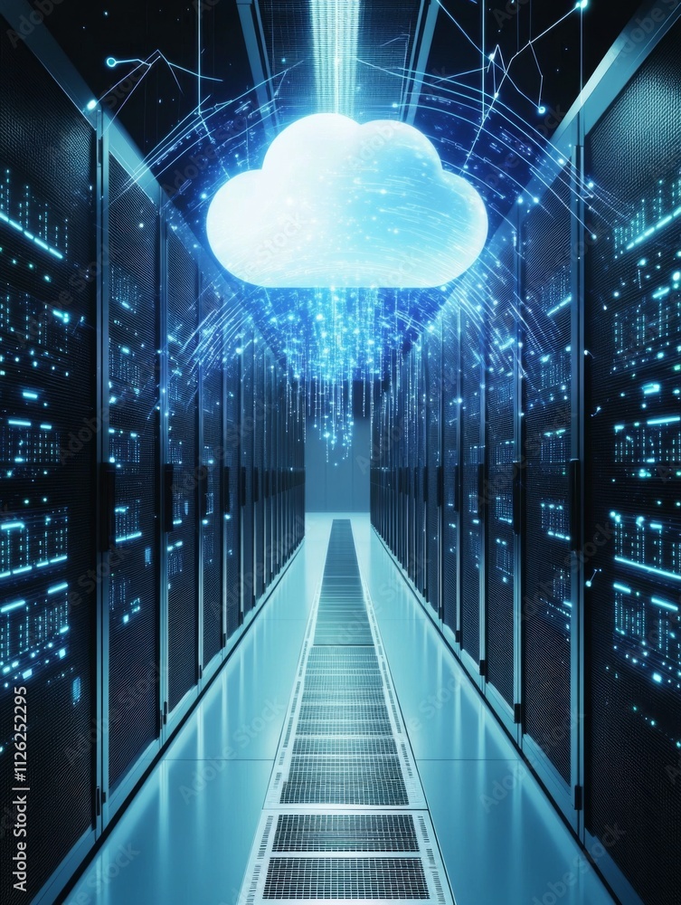 Poster Futuristic Data Center Corridor with Sleek Servers, Cloud Computing, and Tech-Style Color Palette