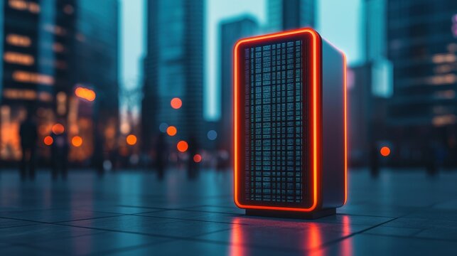 A futuristic server tower illuminated with neon lights, situated in a vibrant urban environment filled with tall buildings.