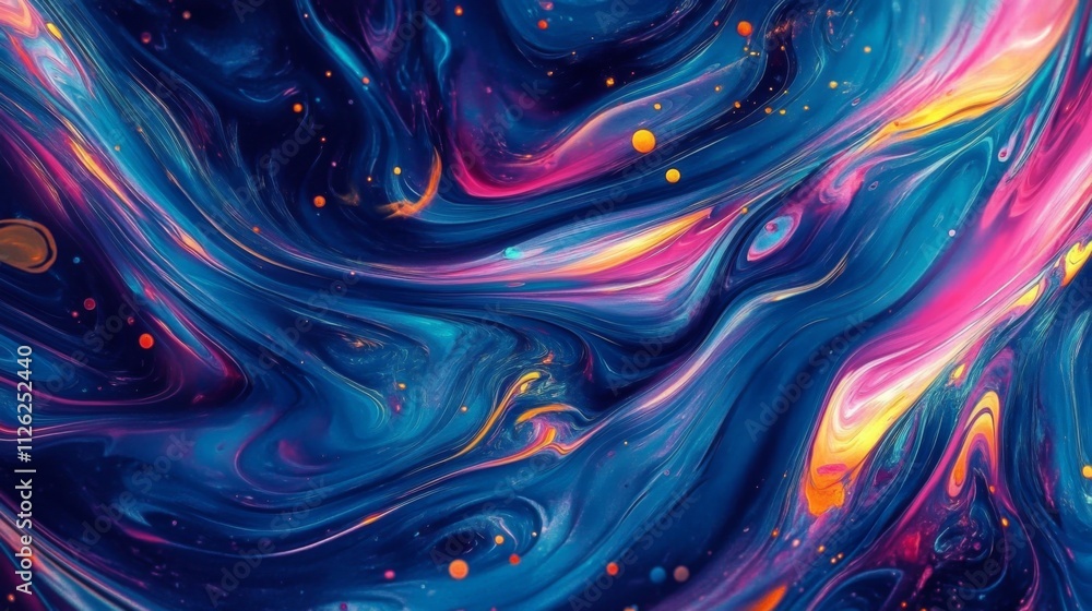 Poster abstract digital art: vibrant fluid color blend on deep blue background with swirls and curves for d