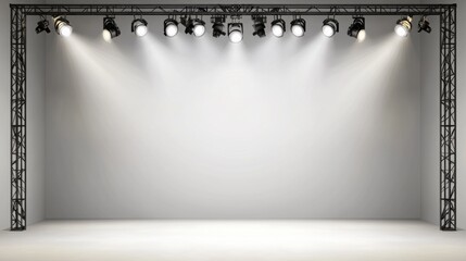 Modern and minimalistic stage setup with grid pattern spotlights on white background, supported by metal trusses on concrete floor.