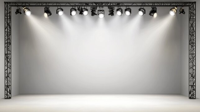 Modern and minimalistic stage setup with grid pattern spotlights on white background, supported by metal trusses on concrete floor.