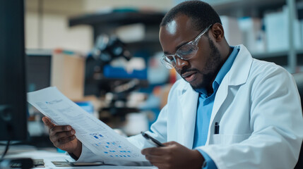 Professional Male Scientist in Laboratory Analyzing Research Data on Paper While Using Smartphone for Communication and Collaboration