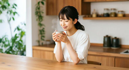 ホットドリンクを飲みほっとする女性