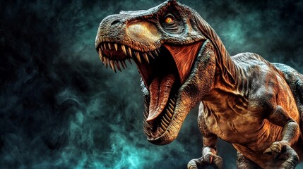 Intense Close-Up of Roaring Tyrannosaurus Rex in Dynamic Pose with Bared Teeth, Jurssic Period Dinosaur, Dark Foggy Landscape Background.