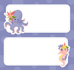 Note Card with Sea Animal with Flowers Vector Template