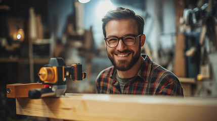 Obraz premium A carpenter aligns wooden beams using a laser level tool in a well-lit workshop during daytime. Generative AI