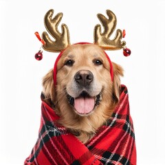 Generated image Golden retriever dog wearing reindeer antlers and wrapped in a Christmas blanket smiles