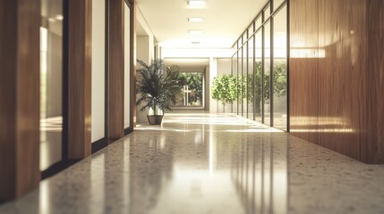 Serene Hallway with Natural Lighting and Greenery