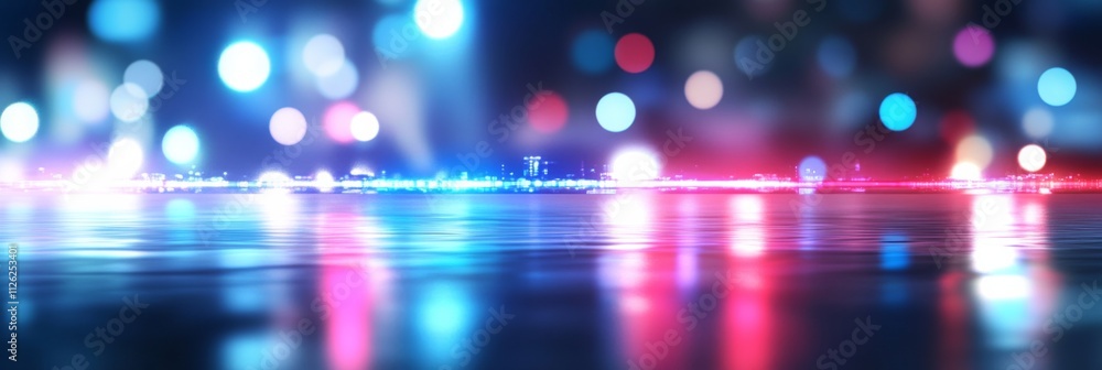 Poster futuristic abstract background with blue and pink bokeh circles and shimmering lights on dark backgr