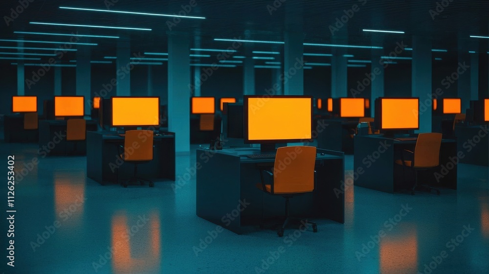 Poster a dimly lit office space filled with rows of computers, each displaying bright orange screens, creat