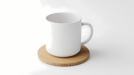 White mug mockup on wooden coaster with minimalistic background and copy space