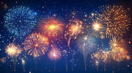 Fototapeta premium A vibrant display of colorful fireworks against a dark blue sky, celebrating an occasion.