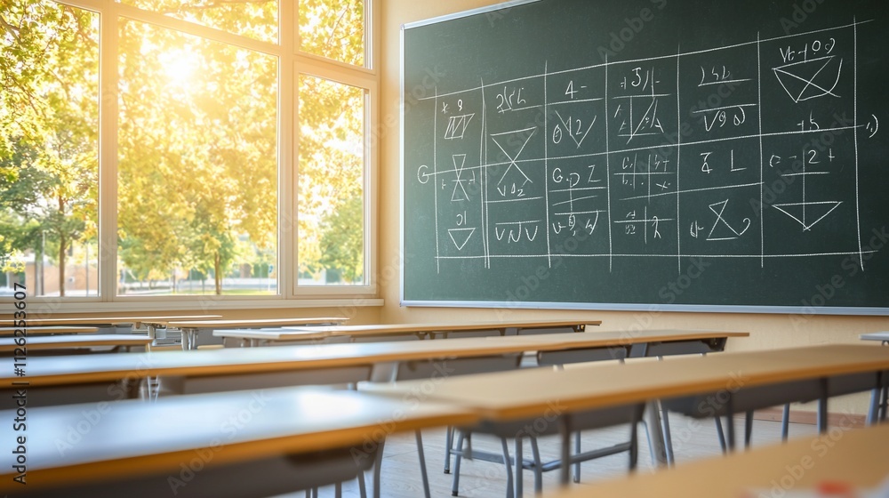 Poster sunlit classroom with empty desks and chalkboard equations.