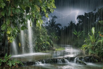 Stormy rainforest with waterfalls and heavy rain, vibrant green foliage, dramatic landscape
