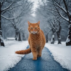 A ginger cat walking along a snowy blue pathway in a winter wonderland.