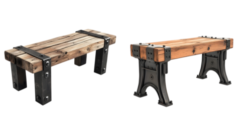 Rustic Wooden Benches with Metal Legs Design on transparent background