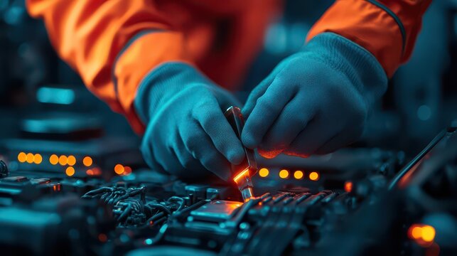 Engine restoration action by mechanic using high-tech tools in industrial environment for advanced repair techniques