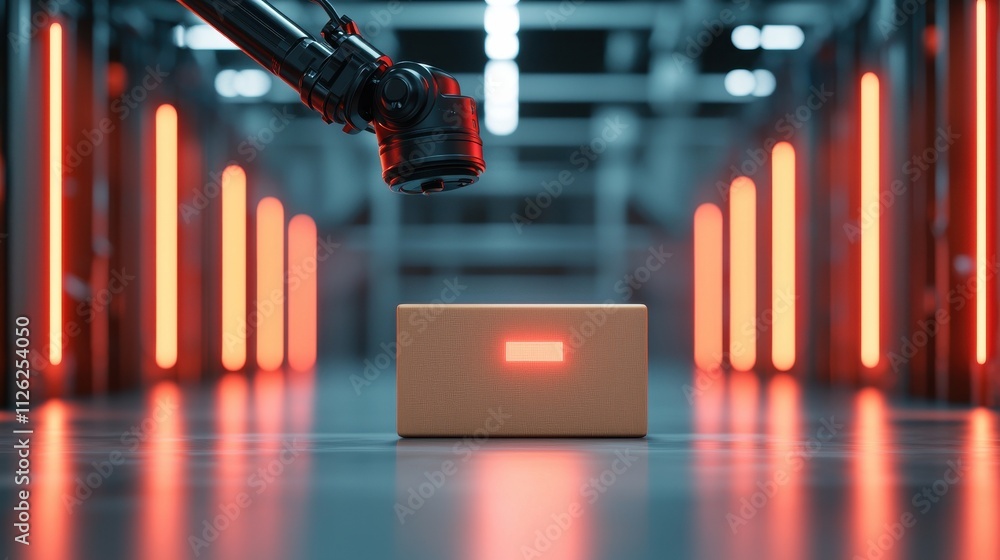 Poster a robotic arm is poised to interact with a glowing package in a high-tech warehouse illuminated by r
