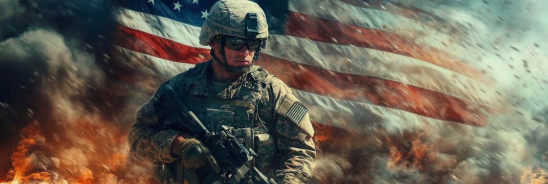Soldier in combat gear with rifle and American flag in dramatic smoke-filled background, symbolizing readiness for intense battle.