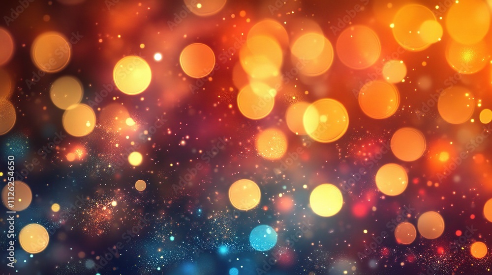 Poster glowing circles and particles in motion against a colorful background