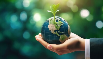 Generated image Hand holding small plant growing from earth globe, symbolizing environmental conservation
