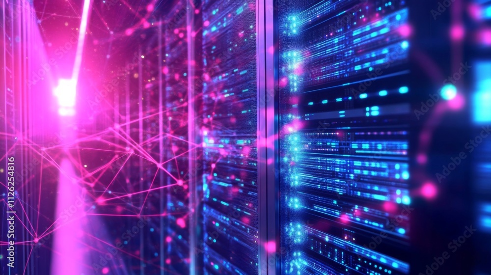 Poster futuristic server rack in data center with rows of screens and interconnected network lines, predomi