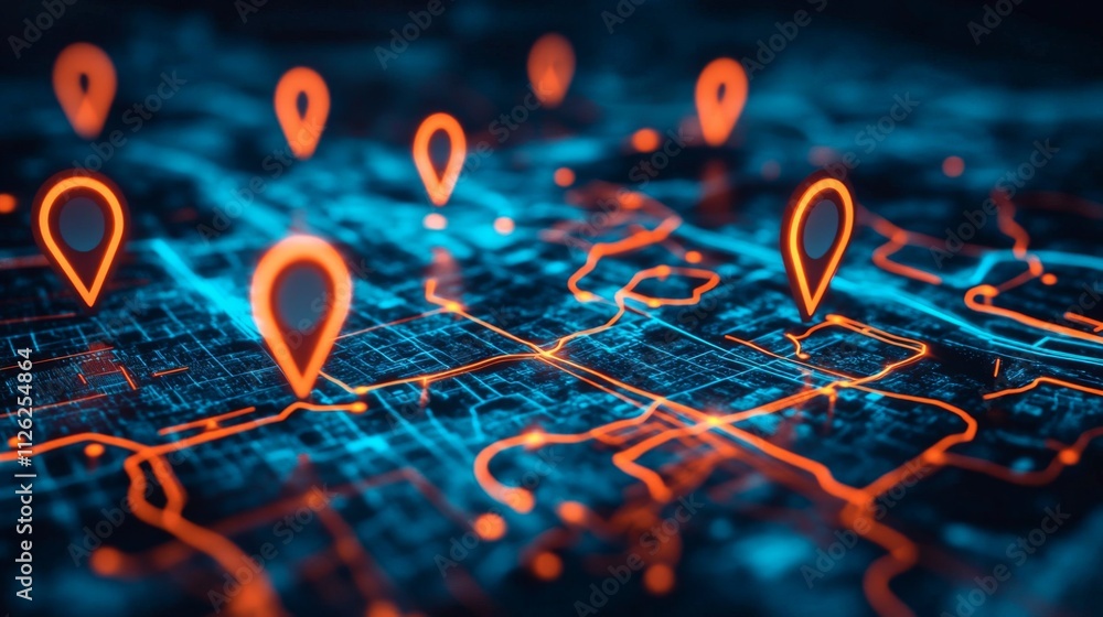Poster futuristic city map network with glowing orange pins overlaying interconnected lines, creating a vib
