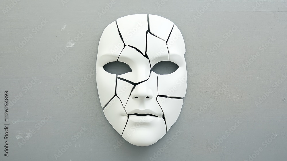 Poster white mask with a broken face. the mask is broken in a way that it looks like it has been shattered 