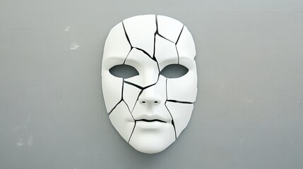 White mask with a broken face. The mask is broken in a way that it looks like it has been shattered into pieces. The broken pieces of the mask are scattered all over the surface