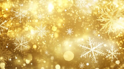 Golden Festive Snowflake Bokeh Background with Falling Snowflakes in Various Sizes and Shapes, Dreamy and Ethereal Winter Scene
